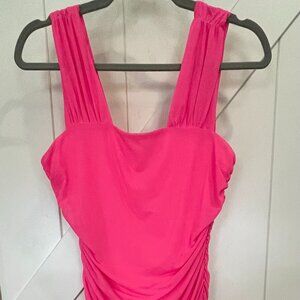 NEW Womens Ruched Midi Bodycon Shirred Dress Sleeveless Pullover Hot Pink Size L